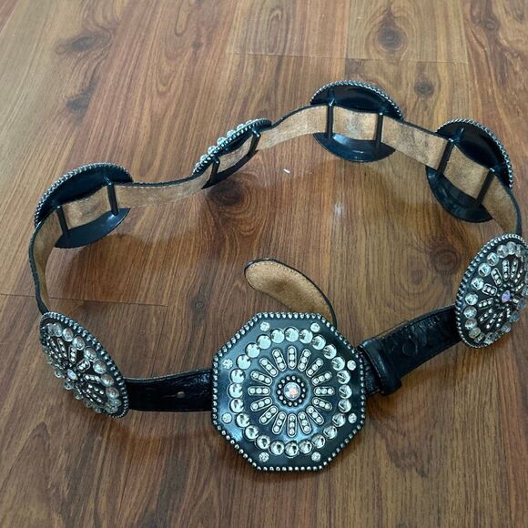 Tony Lama black ostrich leather vintage 90\'s  silver  rhinestone Concho style be